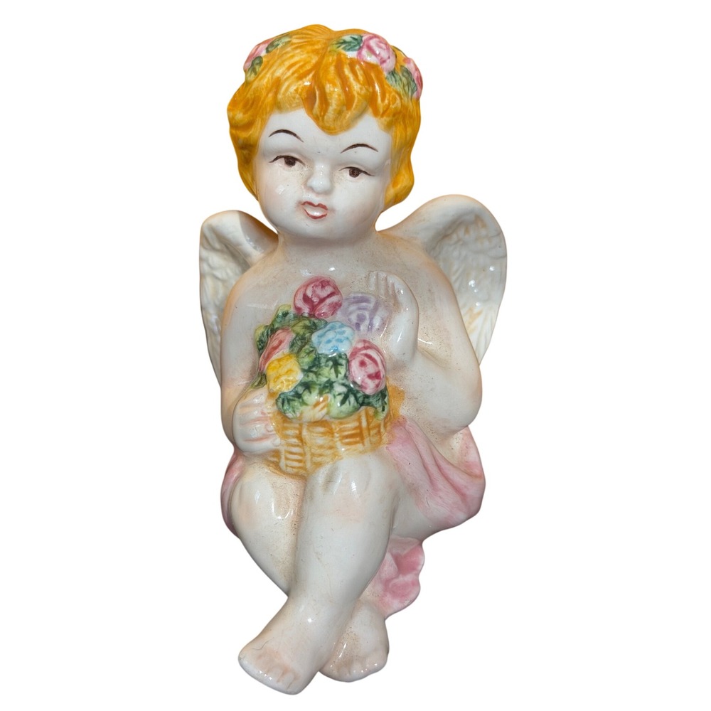 Vintage Ceramic Angel Cherub Holding Flower Basket Hand Painted salt shaker